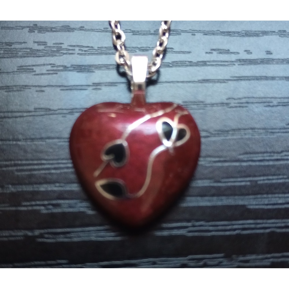Red Heart Pendant Necklace 18 Inch Silver Tone Chain Resin Love Jewelry